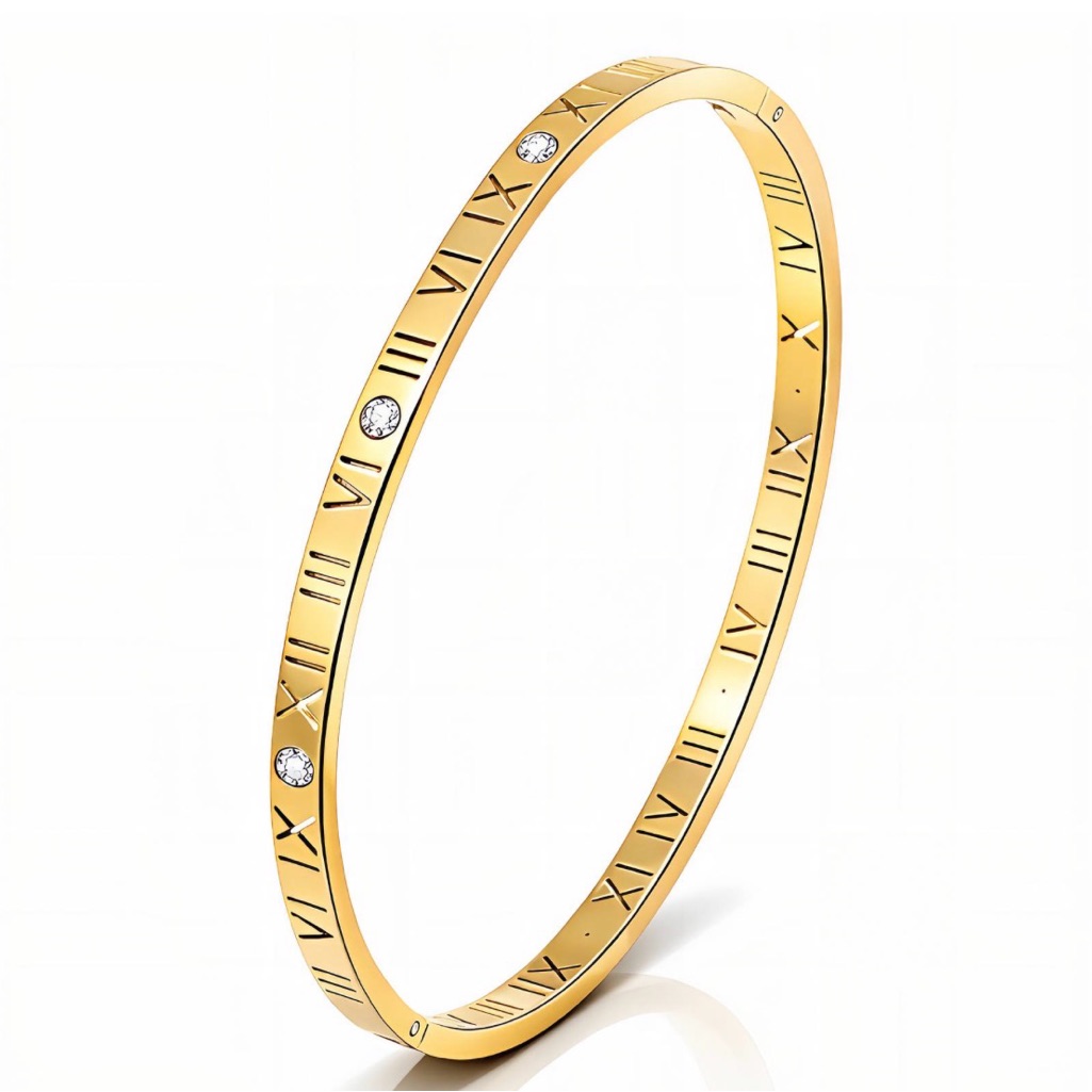 18k Gold Plated Steel Roman Numeral Bangle Bracelet